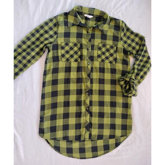 Est 1946 Juniors XS Plaid Button Up Top Green Black Long Roll Tab Sleeves XSmall - Picture 1 of 15
